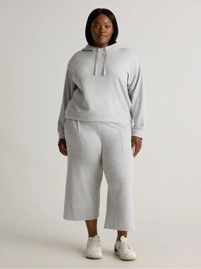Quince Matching Set SuperSoft Fleece Pullover Hoodie Cropped Wide Leg Pants M